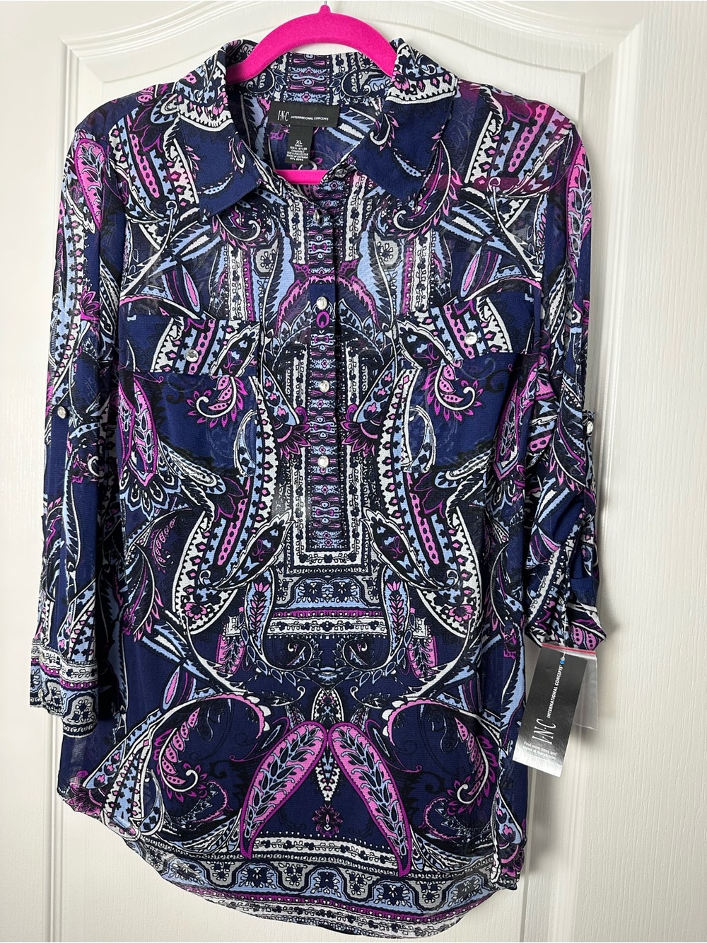 INC International Concepts Navy & Pink Paisley Button-Front Blouse